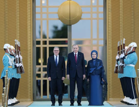 NATO Ankara Summit ANKARA, TURKIYE - JULY 7: (----EDITORIAL USE ONLY - MANDATORY CREDIT - TURKISH PRESIDENCY MURAT KULA HANDOUT - NO MARKETING NO ADVERTISING CAMPAIGNS - DISTRIBUTED AS A SERVICE TO CLIENTS----) Turkish President Recep Tayyip Erdogan (C) and his wife Emine Erdogan (R) welcome British Prime Minister Keir Starmer (L) during a reception hosted for heads of state and government attending the 36th NATO Summit and their spouses at the Presidential Complex in Ankara, Turkiye, on July 7, 2026. Turkish Presidency Murat Kula Handout Anadolu Ankara Turkey. Editorial use only. Please get in touch for any other usage.  Copyright: x2026xAnadoluxTurkishxPresidencyx xMuratxKulax xHandoutx