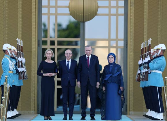 NATO Ankara Summit ANKARA, TURKIYE - JULY 7: (----EDITORIAL USE ONLY - MANDATORY CREDIT - TURKISH PRESIDENCY MURAT KULA HANDOUT - NO MARKETING NO ADVERTISING CAMPAIGNS - DISTRIBUTED AS A SERVICE TO CLIENTS----) Turkish President Recep Tayyip Erdogan and his wife Emine Erdogan welcome Luxembourg Prime Minister Luc Frieden and his wife Marjolijne Frieden during a reception hosted for heads of state and government attending the 36th NATO Summit and their spouses at the Presidential Complex in Ankara, Turkiye, on July 7, 2026. Turkish Presidency Murat Kula Handout Anadolu Ankara Turkey. Editorial use only. Please get in touch for any other usage.  Copyright: x2026xAnadoluxTurkishxPresidencyx xMuratxKulax xHandoutx