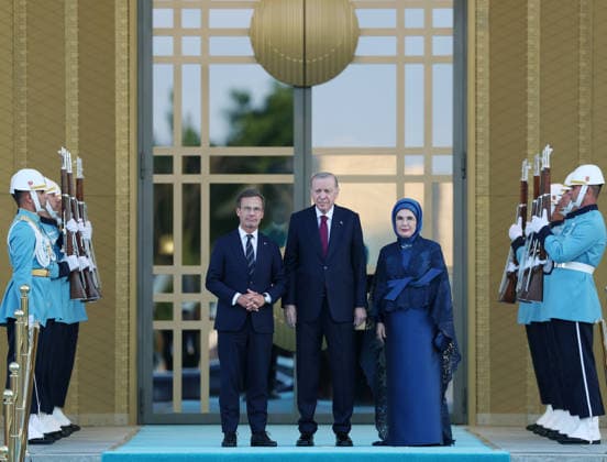 NATO Ankara Summit ANKARA, TURKIYE - JULY 7: (----EDITORIAL USE ONLY - MANDATORY CREDIT - TURKISH PRESIDENCY MURAT KULA HANDOUT - NO MARKETING NO ADVERTISING CAMPAIGNS - DISTRIBUTED AS A SERVICE TO CLIENTS----) Turkish President Recep Tayyip Erdogan and his wife Emine Erdogan welcome Swedish Prime Minister Ulf Kristersson ???during a reception hosted for heads of state and government attending the 36th NATO Summit and their spouses at the Presidential Complex in Ankara, Turkiye, on July 7, 2026. Turkish Presidency Murat Kula Handout Anadolu Ankara Turkey. Editorial use only. Please get in touch for any other usage.  Copyright: x2026xAnadoluxTurkishxPresidencyx xMuratxKulax xHandoutx
