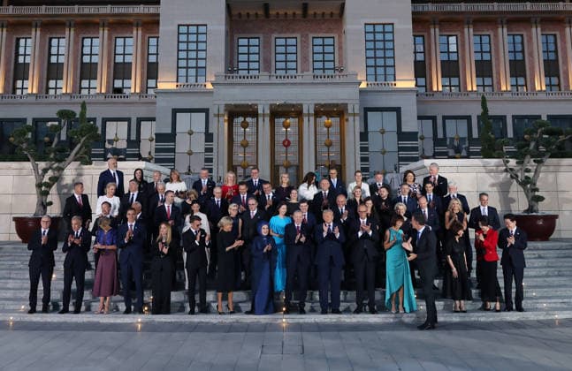 36th NATO Summit in Ankara ANKARA, TURKIYE - JULY 7: (----EDITORIAL USE ONLY MANDATORY CREDIT - TURKISH PRESIDENCY MURAT CETINMUHURDAR HANDOUT - NO MARKETING NO ADVERTISING CAMPAIGNS - DISTRIBUTED AS A SERVICE TO CLIENTS----) Turkish President Recep Tayyip Erdogan and his wife Emine Erdogan pose for a family photo with participants during a reception hosted at the Presidential Complex in honor of heads of state and government and their spouses attending the 36th NATO Heads of State and Government Summit in Ankara, Turkiye, on July 7, 2026. Turkish Presidency Murat Cetinmuhurdar Handout Anadolu Ankara Turkey. Editorial use only. Please get in touch for any other usage.  Copyright: x2026xAnadoluxTurkishxPresidencyx xMuratxCetinmuhurdarx xHandoutx