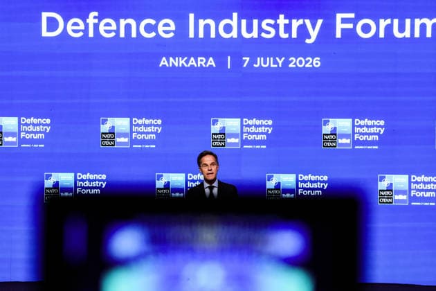 July 7, 2026, Ankara, Turkiye, Turkiye: NATO Secretary General MARK RUTTE is framed behind the soft-focus silhouette of a camera viewfinder monitor while addressing delegates at the NATO Summit Defence Industry Forum (NSDIF) at the ATO Congresium. Ankara Turkiye  - ZUMAo116 20260707_znp_o116_048 Copyright: xBiancaxOterox
