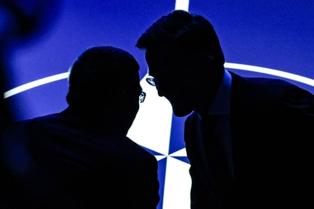 July 7, 2026, Ankara, Turkiye, Turkiye: Turkish National Defence Minister YASAR GULER and NATO Secretary General MARK RUTTE are silhouetted together on stage against the illuminated backdrop of the official NATO compass rose emblem during the NATO Summit Defence Industry Forum (NSDIF) at the ATO Congresium. Ankara Turkiye - ZUMAo116 20260707_znp_o116_051 Copyright: xBiancaxOterox