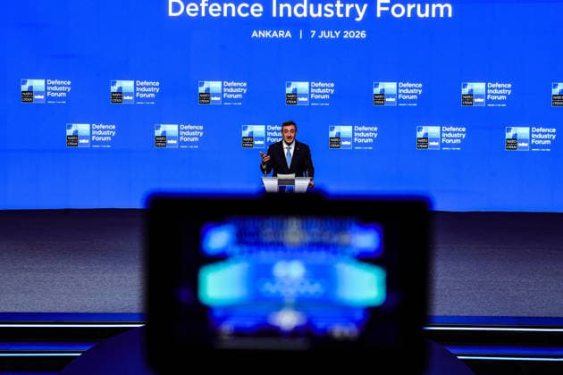 July 7, 2026, Ankara, Turkiye, Turkiye: Turkish Vice President CEVDET YILMAZ delivers a keynote address during the NATO Summit Defence Industry Forum at the ATO Congresium in Ankara. YILMAZ called for the removal of defence trade restrictions, barriers and embargoes among Allies, arguing that deeper industrial cooperation and joint production are necessary to strengthen collective security. Ankara Turkiye - ZUMAo116 20260707_znp_o116_054 Copyright: xBiancaxOterox