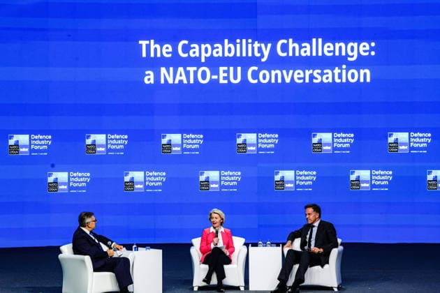 July 7, 2026, Ankara, Turkiye, Turkiye: European Commission President URSULA VON DER LEYEN (C) and NATO Secretary General MARK RUTTE (R) take part in a panel discussion titled Ã¢â‚¬oeThe Capability Challenge: A NATO-EU ConversationÃ¢â‚¬Â during the NATO Summit Defence Industry Forum at the ATO Congresium in Ankara. The session focused on closer NATO-European Union coordination, joint procurement and efforts to expand defence industrial production. Ankara Turkiye - ZUMAo116 20260707_znp_o116_058 Copyright: xBiancaxOterox