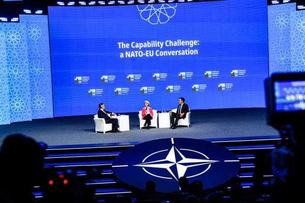 July 7, 2026, Ankara, Turkiye, Turkiye: European Commission President URSULA VON DER LEYEN (C) and NATO Secretary General MARK RUTTE (R) take part in a panel discussion titled Ã¢â‚¬oeThe Capability Challenge: A NATO-EU ConversationÃ¢â‚¬Â during the NATO Summit Defence Industry Forum at the ATO Congresium in Ankara. The session focused on closer NATO-European Union coordination, joint procurement and efforts to expand defence industrial production. Ankara Turkiye  - ZUMAo116 20260707_znp_o116_060 Copyright: xBiancaxOterox