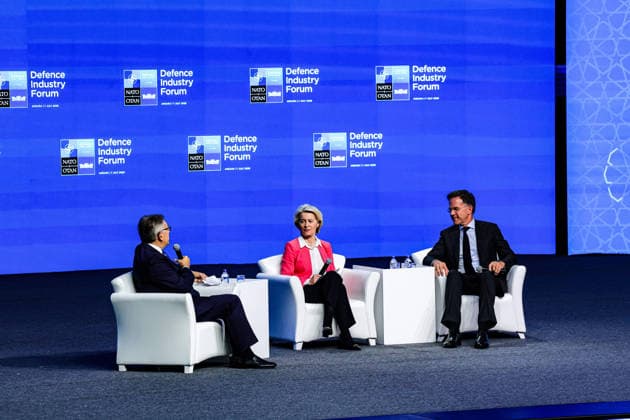 July 7, 2026, Ankara, Turkiye, Turkiye: European Commission President URSULA VON DER LEYEN (C) and NATO Secretary General MARK RUTTE (R) take part in a panel discussion titled Ã¢â‚¬oeThe Capability Challenge: A NATO-EU ConversationÃ¢â‚¬Â during the NATO Summit Defence Industry Forum at the ATO Congresium in Ankara. The session focused on closer NATO-European Union coordination, joint procurement and efforts to expand defence industrial production. Ankara Turkiye  - ZUMAo116 20260707_znp_o116_057 Copyright: xBiancaxOterox