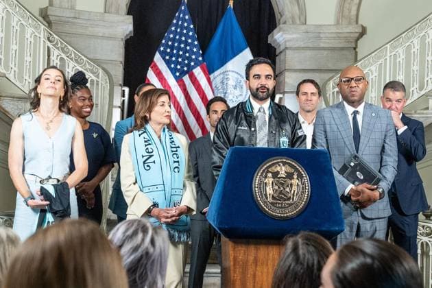 July 7, 2026, Bronx, New York, USA: Mayor Zohran Mamdani speaks during announcement the Gotham FC will play at Etihad Park stadium beginning in 2028 at City Hall press briefing in New York, NY on July 7, 2026. Bronx USA - ZUMAr339 20260707_znp_r339_007 Copyright: xLevxRadinx
