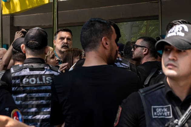 Anti NATO Demonstration Ankara Turkey July 7 Demonstrators stand in front of police officers during an anti-NATO protest in Ankara, Turkey, on July 7, 2026. Ankara is hosting the NATO Summit on July 7-8, bringing together heads of state and government from numerous member countries. As security measures were intensified across the capital, police dispersed the demonstration, detained numerous protesters, and restricted access for journalists. Ankara Ankara Turkey Copyright: xMuratxKocabasx