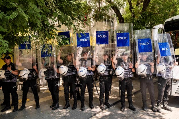 Anti NATO Demonstration Ankara Turkey July 7 Police officers stand in formation holding up their riot shields during an anti-NATO protest in Ankara, Turkey, on July 7, 2026. Ankara is hosting the NATO Summit on July 7-8, bringing together heads of state and government from numerous member countries. As security measures were intensified across the capital, police dispersed the demonstration, detained numerous protesters, and restricted access for journalists. Ankara Ankara Turkey Copyright: xMuratxKocabasx