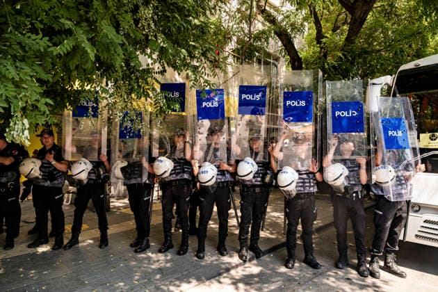 Anti NATO Demonstration Ankara Turkey July 7 Police officers stand in formation holding up their riot shields during an anti-NATO protest in Ankara, Turkey, on July 7, 2026. Ankara is hosting the NATO Summit on July 7-8, bringing together heads of state and government from numerous member countries. As security measures were intensified across the capital, police dispersed the demonstration, detained numerous protesters, and restricted access for journalists. Ankara Ankara Turkey Copyright: xMuratxKocabasx
