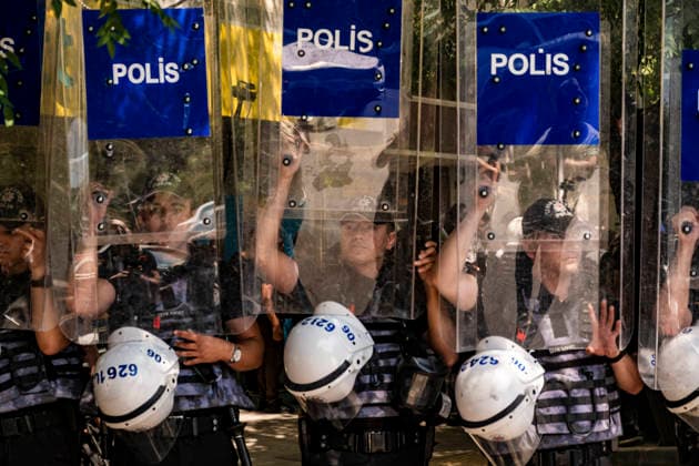 Anti NATO Demonstration Ankara Turkey July 7 Police officers stand in formation holding up their riot shields during an anti-NATO protest in Ankara, Turkey, on July 7, 2026. Ankara is hosting the NATO Summit on July 7-8, bringing together heads of state and government from numerous member countries. As security measures were intensified across the capital, police dispersed the demonstration, detained numerous protesters, and restricted access for journalists. Ankara Ankara Turkey Copyright: xMuratxKocabasx