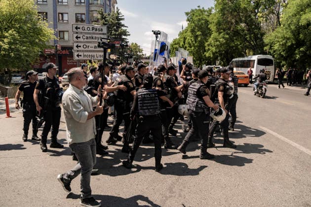 Anti NATO Demonstration Ankara Turkey July 7 Police officers hold riot shields up as they stand in front of journalists and demonstrators during an anti-NATO protest in Ankara, Turkey, on July 7, 2026. Ankara is hosting the NATO Summit on July 7-8, bringing together heads of state and government from numerous member countries. As security measures were intensified across the capital, police dispersed the demonstration, detained numerous protesters, and restricted access for journalists. Ankara Ankara Turkey Copyright: xMuratxKocabasx