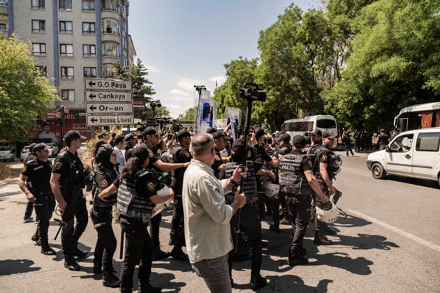 Anti NATO Demonstration Ankara Turkey July 7 Police officers hold riot shields up as they stand in front of journalists and demonstrators during an anti-NATO protest in Ankara, Turkey, on July 7, 2026. Ankara is hosting the NATO Summit on July 7-8, bringing together heads of state and government from numerous member countries. As security measures were intensified across the capital, police dispersed the demonstration, detained numerous protesters, and restricted access for journalists. Ankara Ankara Turkey Copyright: xMuratxKocabasx