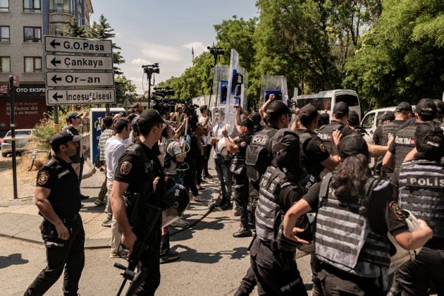 Anti NATO Demonstration Ankara Turkey July 7 Police officers hold riot shields up as they stand in front of journalists and demonstrators during an anti-NATO protest in Ankara, Turkey, on July 7, 2026. Ankara is hosting the NATO Summit on July 7-8, bringing together heads of state and government from numerous member countries. As security measures were intensified across the capital, police dispersed the demonstration, detained numerous protesters, and restricted access for journalists. Ankara Ankara Turkey Copyright: xMuratxKocabasx