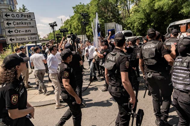 Anti NATO Demonstration Ankara Turkey July 7 Police officers hold riot shields up as they stand in front of journalists and demonstrators during an anti-NATO protest in Ankara, Turkey, on July 7, 2026. Ankara is hosting the NATO Summit on July 7-8, bringing together heads of state and government from numerous member countries. As security measures were intensified across the capital, police dispersed the demonstration, detained numerous protesters, and restricted access for journalists. Ankara Ankara Turkey Copyright: xMuratxKocabasx