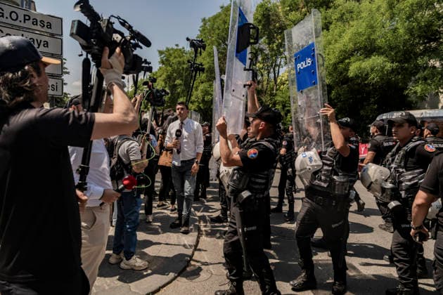 Anti NATO Demonstration Ankara Turkey July 7 Police officers hold riot shields up as they stand in front of journalists and demonstrators during an anti-NATO protest in Ankara, Turkey, on July 7, 2026. Ankara is hosting the NATO Summit on July 7-8, bringing together heads of state and government from numerous member countries. As security measures were intensified across the capital, police dispersed the demonstration, detained numerous protesters, and restricted access for journalists. Ankara Ankara Turkey Copyright: xMuratxKocabasx