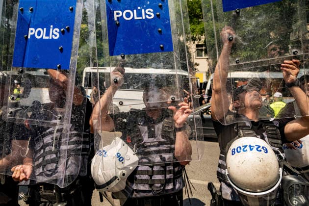 Anti NATO Demonstration Ankara Turkey July 7 Police officers stand in formation holding up their riot shields during an anti-NATO protest in Ankara, Turkey, on July 7, 2026. Ankara is hosting the NATO Summit on July 7-8, bringing together heads of state and government from numerous member countries. As security measures were intensified across the capital, police dispersed the demonstration, detained numerous protesters, and restricted access for journalists. Ankara Ankara Turkey Copyright: xMuratxKocabasx