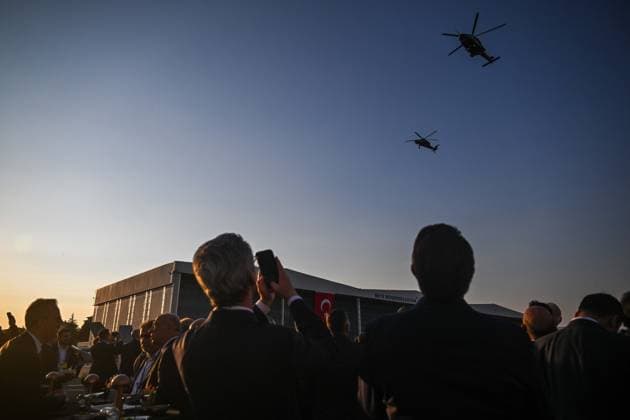 NATO Summit Defense Industry Forum reception in Ankara ANKARA, TURKIYE - JULY 7: Turkish national aircraft and unmanned aerial vehicles including HURJET, HURKUS-II, ANKA III, GOKBEY, ATAK, Bayraktar AKINCI, Bayraktar TB3, ANKA, and AKSUNGUR perform demonstration flights during the NATO Summit Defense Industry Forum 2026 Reception hosted by Turkiye’s Defense Industries Secretary Haluk Gorgun at the Turkish Aerospace Industries (TAI) facilities in Ankara, Turkiye, on July 7, 2026. Ismail Aslandag Anadolu Ankara Turkey. Editorial use only. Please get in touch for any other usage.  Copyright: x2026xAnadoluxIsmailxAslandagx