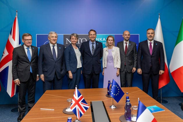 Turkish Foreign Minister Hakan Fidan ANKARA, TURKIYE - JULY 7: Turkish Foreign Minister Hakan Fidan (R), German Foreign Minister Johann Wadephul (L), French Foreign Minister Jean-Noel Barrot (2nd R), Italian Foreign Minister Antonio Tajani (2nd L), British Foreign Minister Yvette Cooper (3rd L), Polish Foreign Minister Radoslaw Sikorski (C), and Kaja Kallas, the European Union’s (EU) High Representative for Foreign Affairs and Security Policy (3rd R) attend a closed-door meeting on the sidelines of the 36th NATO Ankara Summit to discuss current security issues in Ankara, Turkiye on July 7, 2026. Mustafa Hatipoglu Anadolu Ankara Turkey. Editorial use only. Please get in touch for any other usage.  Copyright: x2026xAnadoluxMustafaxHatipoglux