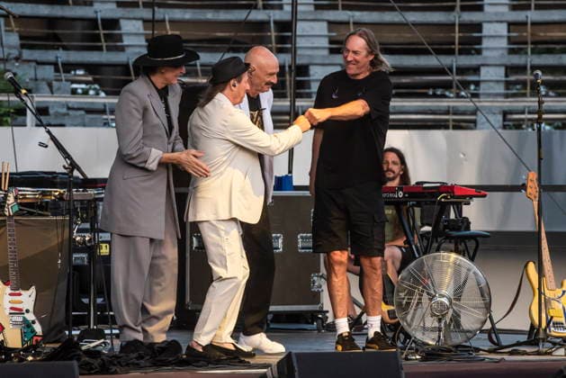 Croatia, Zagreb, 070726. Concert of the supergroup BEAT at the Salata stadium in Zagreb. The BEAT project brings together legendary musicians who perform King Crimson albums from the 80s. The line-up consists of former King Crimson members Adrian Belew and Tony Levin, joined by guitarist Steve Vai and drummer Danny Carey. In the photo: Steve Vai, Adrian Belew, Tony Levin and Danny Carey. Photo: Darko Tomas CROPIX Copyright: xxDarkoxTomasx beat28-070726