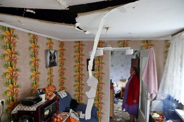 RECORD DATE NOT STATED A damaged ceiling in a room of a residential building following a massive combined Russian attack, Vyshneve, Kyiv region, Ukraine, on July 6, 2026. Russian forces launched a large-scale attack on the city and the region using ballistic and cruise missiles, as well as attack drones. Dozens of houses on five streets were destroyed, while warehouses and businesses sustained damage. More than 600 local residents were evacuated due to the detonation of explosive hazards (Photo by Volodymyr Tarasov Ukrinform) Russian forces strike Zaporizhzhia with two guided bombs  Copyright: xVolodymyrxTarasovx