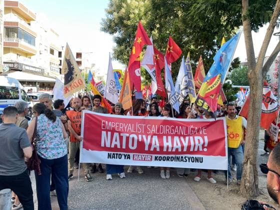 Anti-NATO Demonstrators March to Alliance Headquarters in Izmir IZMIR, TURKEY JULY 7, 2026: Ahead of the NATO Summit, which began today in the capital Ankara and will continue on July 8, law enforcement was on high alert in Izmir against protesters staging demonstrations. Law enforcement, which intervened in protests today in Istanbul and Ankara, detained dozens of people. In Izmir, the No to NATO Coordination group gathered in front of the Buca Åžirinyer Ä°ZBAN station to stage a protest against the NATO Summit. Approximately 300 protesters who gathered in front of the Ä°ZBAN station marched to the NATO Command headquarters in Buca to voice their opposition to NATO. Speaking on behalf of the No to NATO Coordination, Zehra A Copyright: x xYusufxBelekx xJNAxPressx