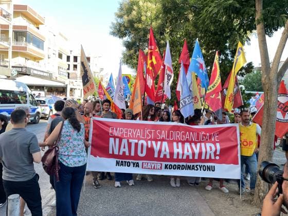 Anti-NATO Demonstrators March to Alliance Headquarters in Izmir IZMIR, TURKEY JULY 7, 2026: Ahead of the NATO Summit, which began today in the capital Ankara and will continue on July 8, law enforcement was on high alert in Izmir against protesters staging demonstrations. Law enforcement, which intervened in protests today in Istanbul and Ankara, detained dozens of people. In Izmir, the No to NATO Coordination group gathered in front of the Buca Åžirinyer Ä°ZBAN station to stage a protest against the NATO Summit. Approximately 300 protesters who gathered in front of the Ä°ZBAN station marched to the NATO Command headquarters in Buca to voice their opposition to NATO. Speaking on behalf of the No to NATO Coordination, Zehra A Copyright: x xYusufxBelekx xJNAxPressx