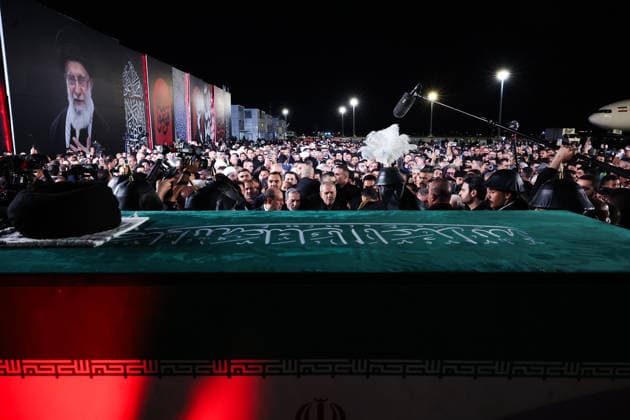 Body of slain Iranian supreme leader arrives in Iraq ahead of funeral procession NAJAF, IRAQ - JULY 8: (----EDITORIAL USE ONLY – MANDATORY CREDIT - IRANIAN PRESIDENCY HANDOUT - NO MARKETING NO ADVERTISING CAMPAIGNS - DISTRIBUTED AS A SERVICE TO CLIENTS----) People carry the coffin of Iran s late Supreme Leader Ayatollah Ali Khamenei after landing at Najaf International Airport ahead of the scheduled funeral processions, in Najaf, Iraq, on July 8, 2026. Khamenei was killed in US-Israeli strikes on Iran that began on Feb. 28, triggering weeks of retaliatory attacks from Tehran targeting Israel and Gulf countries hosting US assets. Iranian Presidency Handout Anadolu Najaf Iraq. Editorial use only. Please get in touch for any other usag  Copyright: x2026xAnadoluxIranianxPresidencyx xHandoutx
