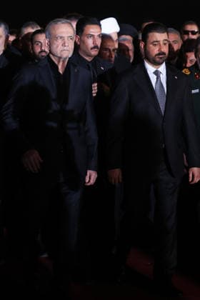 Body of slain Iranian supreme leader arrives in Iraq ahead of funeral procession NAJAF, IRAQ - JULY 8: (----EDITORIAL USE ONLY – MANDATORY CREDIT - IRANIAN PRESIDENCY HANDOUT - NO MARKETING NO ADVERTISING CAMPAIGNS - DISTRIBUTED AS A SERVICE TO CLIENTS----) Iranian President Masoud Pezeshkian, Iranian Foreign Minister Abbas Araghchi, Iraqi Prime Minister Ali al-Zaidi welcome the arrival of the late Iranian Supreme Leader Ayatollah Ali Khamenei s body at Najaf International Airport in Najaf, Iraq, on July 8, 2026. Khamenei was killed in US-Israeli strikes on Iran that began on Feb. 28, triggering weeks of retaliatory attacks from Tehran targeting Israel and Gulf countries hosting US assets. Iranian Presidency Handout Anadolu Najaf Ir  Copyright: x2026xAnadoluxIranianxPresidencyx xHandoutx