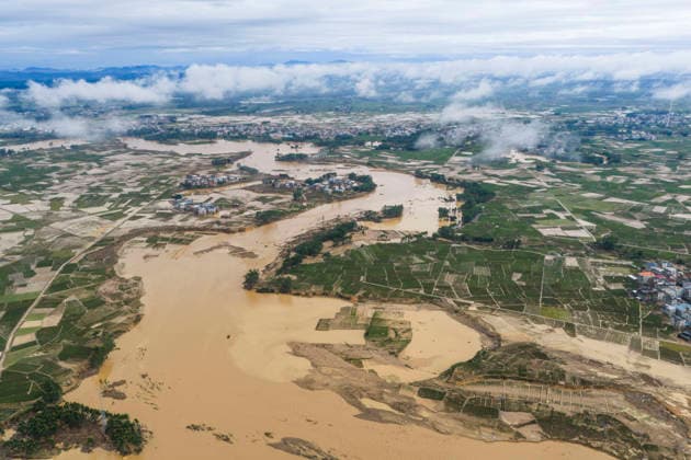 NANNING, CHINA - JULY 07: Floodwaters submerge Liulan village on July 7, 2026 in Hengzhou, Nanning, Guangxi Zhuang Autonomous Region of China. Recent extreme rainstorms triggered by Typhoon Maysak, the 10th typhoon of the year, have caused severe flooding in parts of south China s Guangxi Zhuang Autonomous Region.  Copyright: xVCGx 111652981430