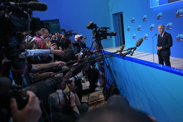 36th NATO Summit in Ankara ANKARA, TURKIYE - JULY 08: Canadian Prime Minister Mark Carney makes a statement to the press ahead of the main session of the North Atlantic Council Meeting during the second day of the 36th NATO Heads of State and Government Summit in Ankara, Turkiye on July 08, 2026. Ozge Elif Kizil Anadolu Ankara Turkey. Editorial use only. Please get in touch for any other usage.  Copyright: x2026xAnadoluxOzgexElifxKizilx