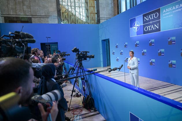 36th NATO Summit in Ankara ANKARA, TURKIYE - JULY 08: Danish Prime Minister Mette Frederiksen makes a statement to the press ahead of the main session of the North Atlantic Council Meeting during the second day of the 36th NATO Heads of State and Government Summit in Ankara, Turkiye on July 08, 2026. Ozge Elif Kizil Anadolu Ankara Turkey. Editorial use only. Please get in touch for any other usage.  Copyright: x2026xAnadoluxOzgexElifxKizilx