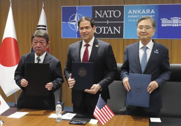 NATO annual summit in Turkey (From L) Japanese Foreign Minister Toshimitsu Motegi, U.S. Secretary of State Marco Rubio and South Korean Foreign Minister Cho Hyun pose for a photo during a trilateral meeting on the sidelines of NATO s annual summit in Ankara on July 7, 2026.  A14AA0005622169P