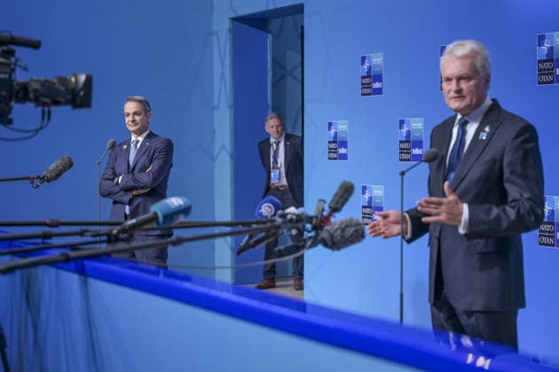 36th NATO Summit in Ankara ANKARA, TURKIYE - JULY 08: Greek Prime Minister Kyriakos Mitsotakis (L) and Lithuanian President Gitanas Nauseda (R) make a statement to the press ahead of the main session of the North Atlantic Council Meeting during the second day of the 36th NATO Heads of State and Government Summit in Ankara, Turkiye on July 08, 2026. Ozge Elif Kizil Anadolu Ankara Turkey. Editorial use only. Please get in touch for any other usage.  Copyright: x2026xAnadoluxOzgexElifxKizilx