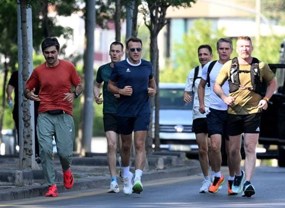 French President Macron goes for morning jog ahead of NATO summit in Ankara ANKARA, TURKIYE - JULY 08: French President Emmanuel Macron goes for a morning jog in Ankara, Turkiye, where he arrived for the 36th NATO Heads of State and Government Summit on July 08, 2026. Gokhan Balci Anadolu Ankara Turkey. Editorial use only. Please get in touch for any other usage.  Copyright: x2026xAnadoluxGokhanxBalcix