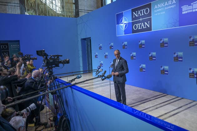 36th NATO Summit in Ankara ANKARA, TURKIYE - JULY 08: German Chancellor Friedrich Merz makes a statement to the press ahead of the main session of the North Atlantic Council Meeting during the second day of the 36th NATO Heads of State and Government Summit in Ankara, Turkiye on July 08, 2026. Ozge Elif Kizil Anadolu Ankara Turkey. Editorial use only. Please get in touch for any other usage.  Copyright: x2026xAnadoluxOzgexElifxKizilx