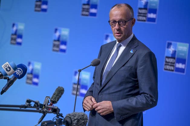 36th NATO Summit in Ankara ANKARA, TURKIYE - JULY 08: German Chancellor Friedrich Merz makes a statement to the press ahead of the main session of the North Atlantic Council Meeting during the second day of the 36th NATO Heads of State and Government Summit in Ankara, Turkiye on July 08, 2026. Ozge Elif Kizil Anadolu Ankara Turkey. Editorial use only. Please get in touch for any other usage.  Copyright: x2026xAnadoluxOzgexElifxKizilx