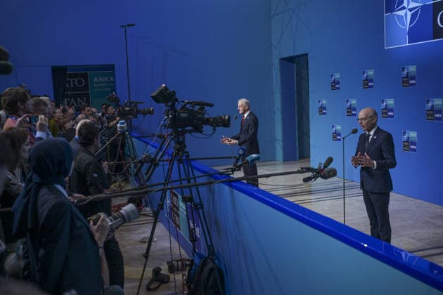 36th NATO Summit in Ankara ANKARA, TURKIYE - JULY 08: Luxembourg Prime Minister Luc Frieden (R) and Norwegian Prime Minister Jonas Gahr Store (L) make a statement to the press ahead of the main session of the North Atlantic Council Meeting during the second day of the 36th NATO Heads of State and Government Summit in Ankara, Turkiye on July 08, 2026. Ozge Elif Kizil Anadolu Ankara Turkey. Editorial use only. Please get in touch for any other usage.  Copyright: x2026xAnadoluxOzgexElifxKizilx