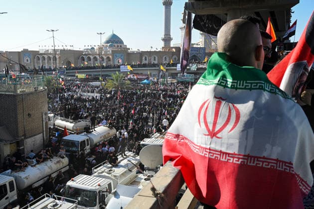 Thousands gather in Iraq for funeral procession of slain Iranian leader Khamenei NAJAF, IRAQ - JULY 8: A massive crowd of mourners carrying various flags and posters fills the streets during a farewell ceremony for slain Iranian supreme leader Ali Khamenei, in Najaf, Iraq, on July 8, 2026. Khamenei lost his life following joint US-Israeli attacks. Starting from the early hours of the morning, thousands of people flooded the squares and avenues to take part in the funeral procession and pay their final respects. Haidar Mohammed Ali Anadolu Najaf Iraq. Editorial use only. Please get in touch for any other usage.  Copyright: x2026xAnadoluxHaidarxMohammedxAlix
