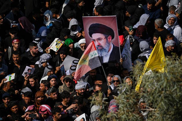 Thousands gather in Iraq for funeral procession of slain Iranian leader Khamenei NAJAF, IRAQ - JULY 8: A massive crowd of mourners carrying various flags and posters fills the streets during a farewell ceremony for slain Iranian supreme leader Ali Khamenei, in Najaf, Iraq, on July 8, 2026. Khamenei lost his life following joint US-Israeli attacks. Starting from the early hours of the morning, thousands of people flooded the squares and avenues to take part in the funeral procession and pay their final respects. Haidar Mohammed Ali Anadolu Najaf Iraq. Editorial use only. Please get in touch for any other usage.  Copyright: x2026xAnadoluxHaidarxMohammedxAlix
