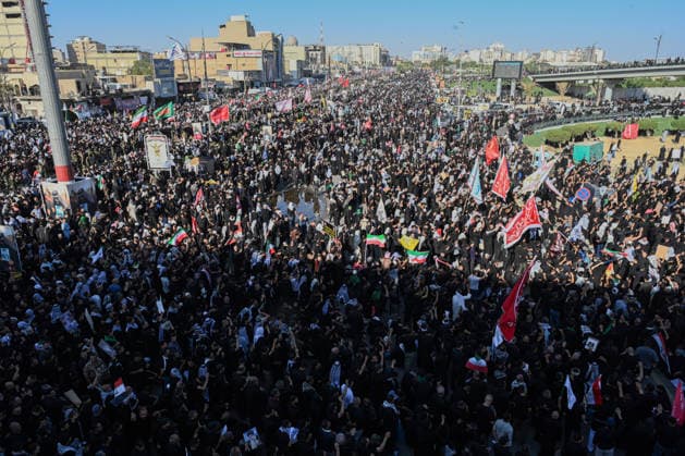 Thousands gather in Iraq for funeral procession of slain Iranian leader Khamenei NAJAF, IRAQ - JULY 8: A massive crowd of mourners carrying various flags and posters fills the streets during a farewell ceremony for slain Iranian supreme leader Ali Khamenei, in Najaf, Iraq, on July 8, 2026. Khamenei lost his life following joint US-Israeli attacks. Starting from the early hours of the morning, thousands of people flooded the squares and avenues to take part in the funeral procession and pay their final respects. Haidar Mohammed Ali Anadolu Najaf Iraq. Editorial use only. Please get in touch for any other usage.  Copyright: x2026xAnadoluxHaidarxMohammedxAlix