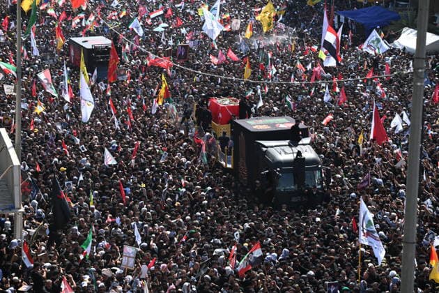 Thousands gather in Iraq for funeral procession of slain Iranian leader Khamenei NAJAF, IRAQ - JULY 8: A massive crowd of mourners carrying flags and posters fills the streets as the coffins of Iranian supreme leader Ali Khamenei and his family members are carried among the public inside a specially designed truck resembling the Imam Reza Shrine during a farewell ceremony in Najaf, Iraq, on July 8, 2026. Khamenei lost his life following joint US-Israeli attacks, drawing thousands to the squares and avenues since the early hours of the morning. Haidar Mohammed Ali Anadolu Najaf Iraq. Editorial use only. Please get in touch for any other usage.  Copyright: x2026xAnadoluxHaidarxMohammedxAlix