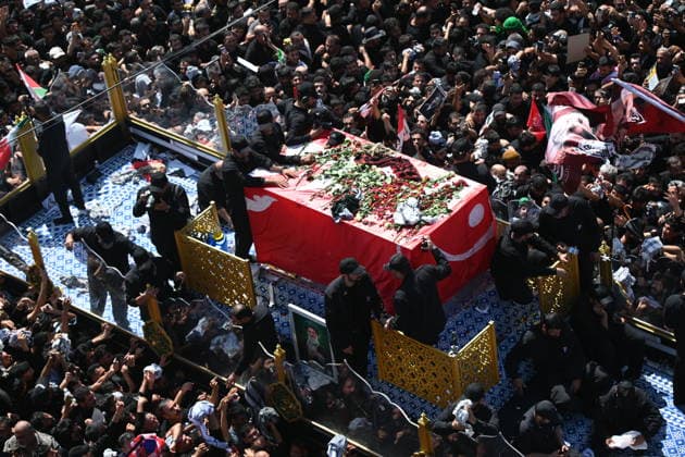 Thousands gather in Iraq for funeral procession of slain Iranian leader Khamenei NAJAF, IRAQ - JULY 8: A massive crowd of mourners carrying flags and posters fills the streets as the coffins of Iranian supreme leader Ali Khamenei and his family members are carried among the public inside a specially designed truck resembling the Imam Reza Shrine during a farewell ceremony in Najaf, Iraq, on July 8, 2026. Khamenei lost his life following joint US-Israeli attacks, drawing thousands to the squares and avenues since the early hours of the morning. Haidar Mohammed Ali Anadolu Najaf Iraq. Editorial use only. Please get in touch for any other usage.  Copyright: x2026xAnadoluxHaidarxMohammedxAlix