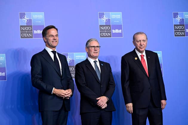 LKS 20260708 NATO Secretary General Mark Rutte, Britain s Prime Minister Keir Starmer and Turkey s President Tayyip Erdogan during the Welcome Ceremony of Allied Heads of State and Government at the North Atlantic Treaty Organization (NATO) Heads of State and Government summit in Ankara, Turkey, on July 8, 2026. - EMMI KORHONEN Ankara Turkey  Copyright: xEmmixKorhonenx KBQ2TbR-uL4