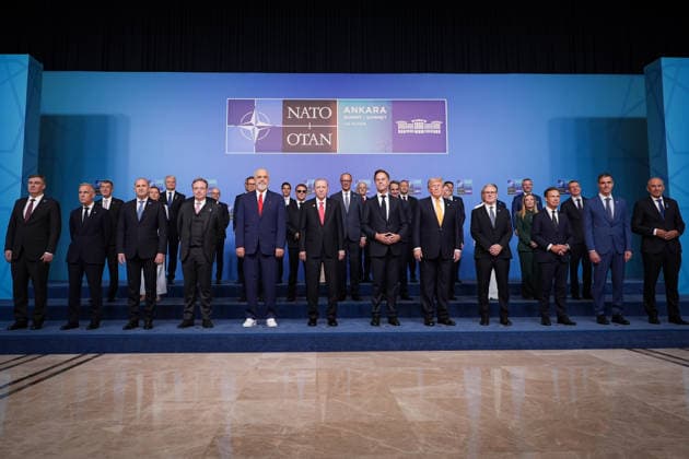 36th NATO Summit in Ankara ANKARA, TURKIYE - JULY 8: Turkish President Recep Tayyip Erdogan, NATO Secretary General Mark Rutte, U.S. President Donald Trump, French President Emmanuel Macron, Czech President Petr Pavel, Latvian President Edgars Rinkevics, Finnish President Alexander Stubb, Romanian President Nicusor Dan, Slovak President Peter Pellegrini, Polish President Karol Nawrocki, Croatian President Zoran Milanovic, Lithuanian President Gitanas Nauseda, Dutch Prime Minister Rob Jetten, German Chancellor Friedrich Merz, British Prime Minister Keir Starmer, Spanish Prime Minister Pedro Sanchez, Danish Prime Minister Mette Frederiksen, Greek Prime Minister Kyriakos Mitsotakis, Portuguese Prime Minister Luis Montenegro, Luxembourg Prime M  Copyright: x2026xAnadoluxAhmetxSerdarxEserx