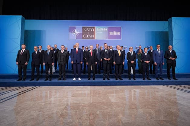 36th NATO Summit in Ankara ANKARA, TURKIYE - JULY 8: Turkish President Recep Tayyip Erdogan, NATO Secretary General Mark Rutte, U.S. President Donald Trump, French President Emmanuel Macron, Czech President Petr Pavel, Latvian President Edgars Rinkevics, Finnish President Alexander Stubb, Romanian President Nicusor Dan, Slovak President Peter Pellegrini, Polish President Karol Nawrocki, Croatian President Zoran Milanovic, Lithuanian President Gitanas Nauseda, Dutch Prime Minister Rob Jetten, German Chancellor Friedrich Merz, British Prime Minister Keir Starmer, Spanish Prime Minister Pedro Sanchez, Danish Prime Minister Mette Frederiksen, Greek Prime Minister Kyriakos Mitsotakis, Portuguese Prime Minister Luis Montenegro, Luxembourg Prime M  Copyright: x2026xAnadoluxAhmetxSerdarxEserx
