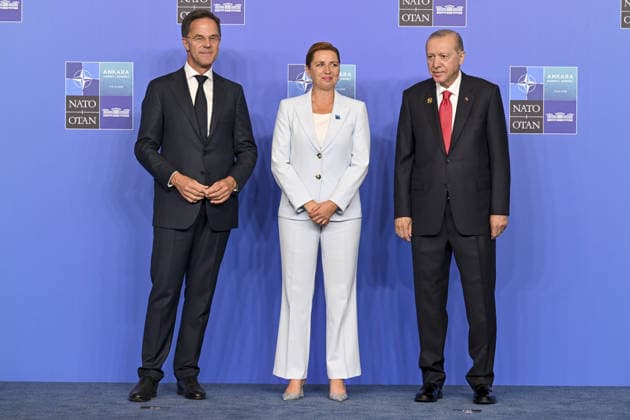 36th NATO Summit in Ankara ANKARA, TURKIYE - JULY 8: Turkish President Recep Tayyip Erdogan (R) and NATO Secretary General Mark Rutte (L) welcome Danish Prime Minister Mette Frederiksen ahead of the North Atlantic Council meeting, held as part of the 36th NATO Summit of Heads of State and Government in Ankara, Turkiye, on July 8, 2026. Binnur Ege Gurun Kocak Anadolu Ankara Turkey. Editorial use only. Please get in touch for any other usage.  Copyright: x2026xAnadoluxBinnurxEgexGurunxKocakx
