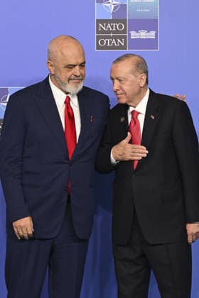 36th NATO Summit in Ankara ANKARA, TURKIYE - JULY 8: Turkish President Recep Tayyip Erdogan (R) and NATO Secretary General Mark Rutte (not seen) welcome Albanian Prime Minister Edi Rama (L) ahead of the North Atlantic Council meeting, held as part of the 36th NATO Summit of Heads of State and Government in Ankara, Turkiye, on July 8, 2026. Binnur Ege Gurun Kocak Anadolu Ankara Turkey. Editorial use only. Please get in touch for any other usage.  Copyright: x2026xAnadoluxBinnurxEgexGurunxKocakx