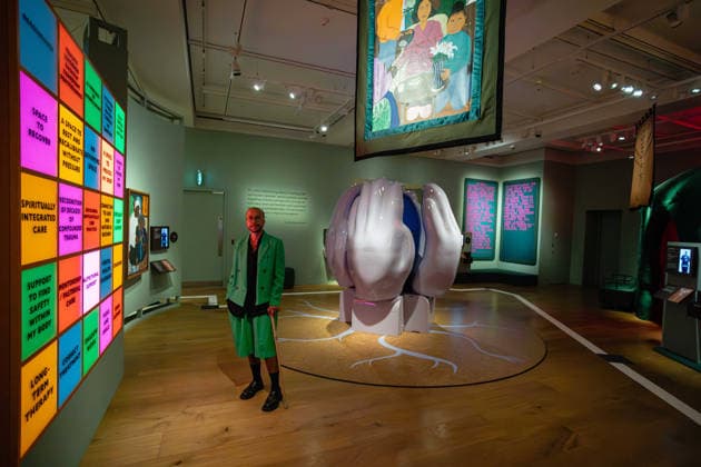 Rudy Loewe: Intimacies of Care at Wellcome Collection, London, UK 8 July 2026 Artist Rudy Loewe poses with their work at the preview of Rudy Loewe: Intimacies of Care Spaces of Grief and Possibility at the Wellcome Collection, London, UK, on 8 July 2026. The exhibition of new commissions advocates for Black people whose experience of mental health care in the UK is adversely impacted by racist discrimination, and reimagines a more equitable and supportive mental health care system, on view from 10 July 2026 until 7 February 2027., Credit:Pete Speller Avalon  Copyright: xPetexSpellerx xAvalonx 1115223099