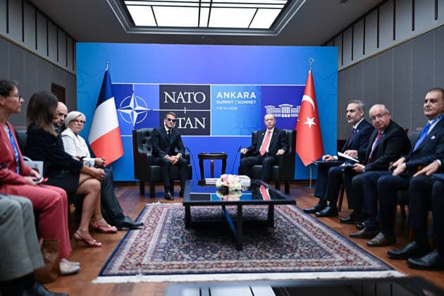 NATO Leaders Summit - Macron And Erdogan Bilateral Meeting French President Emmanuel Macron meets with Turkish President Recep Tayyip Erdogan in a bilateral meeting on the sidelines of the 36th NATO Heads of State and Government Summit in Ankara, Turkiye on July 8, 2026. Photo by Alexis Jumeau ABACAPRESS.COM Ankara Turkey  Copyright: xJumeauxAlexis ABACAx